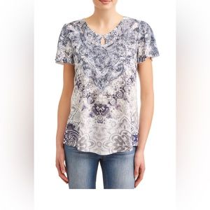TIME AND TRU Blouse - Flutter Sleeve Keyhole Sublimation Tshirt - Size Large